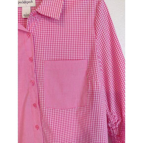Plaid Asymmetrical Long Sleeve Button Down Shirt Blouse Pink Size L - Picture 10 of 11